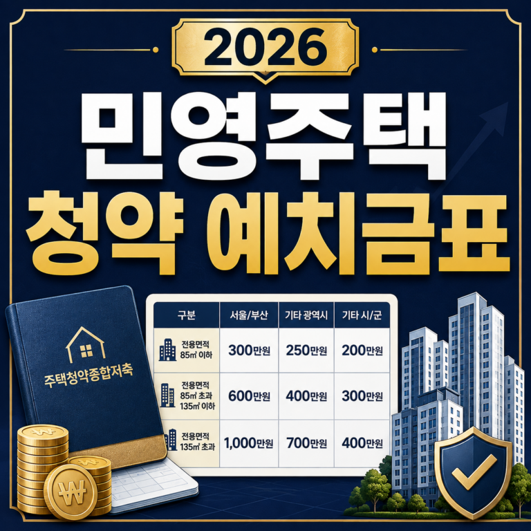 2026 민영주택 청약 예치금표 지역·면적별 기준