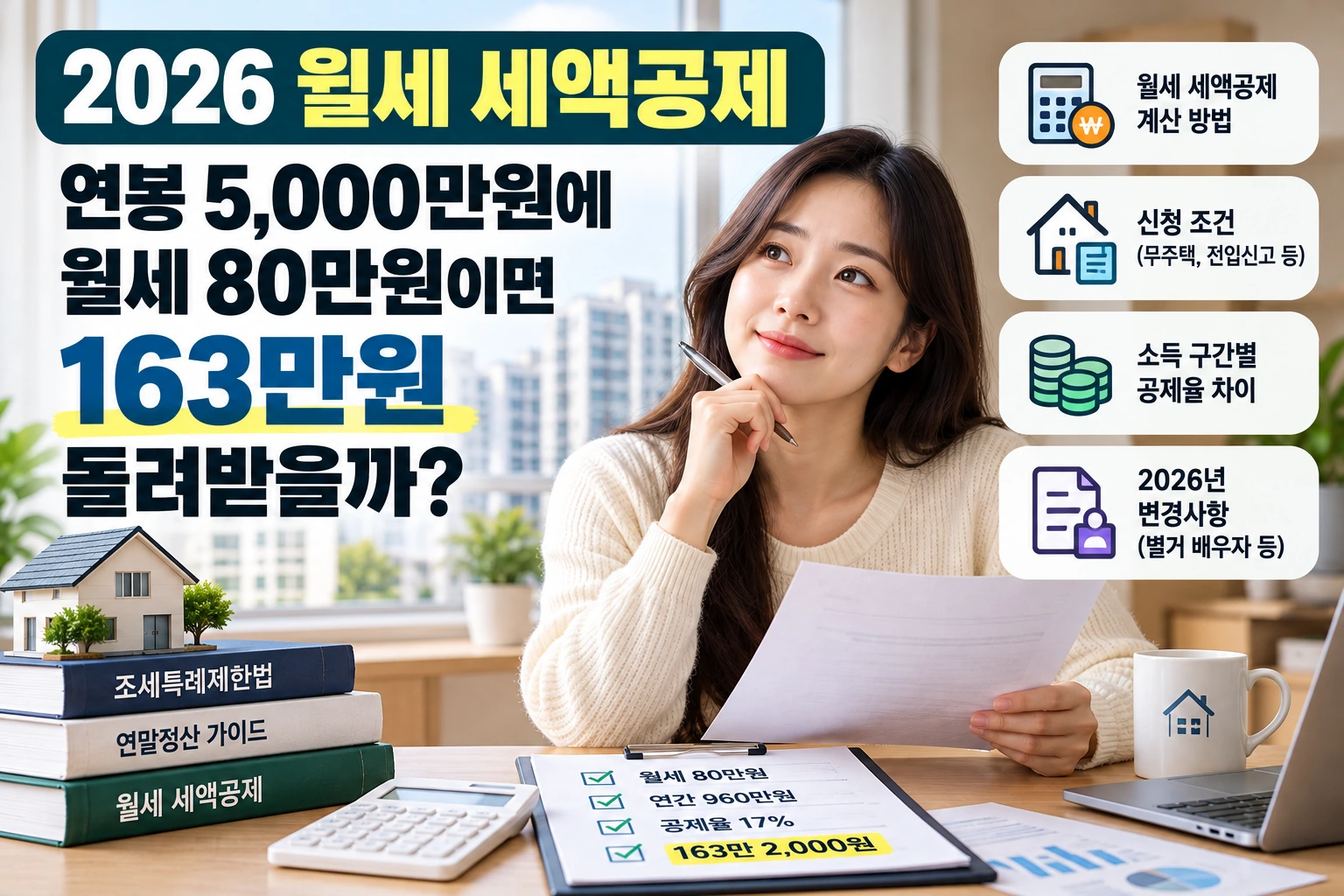 2026 월세 세액공제 연봉 5000만원 월세 80만원 공제액 163만2000원 계산