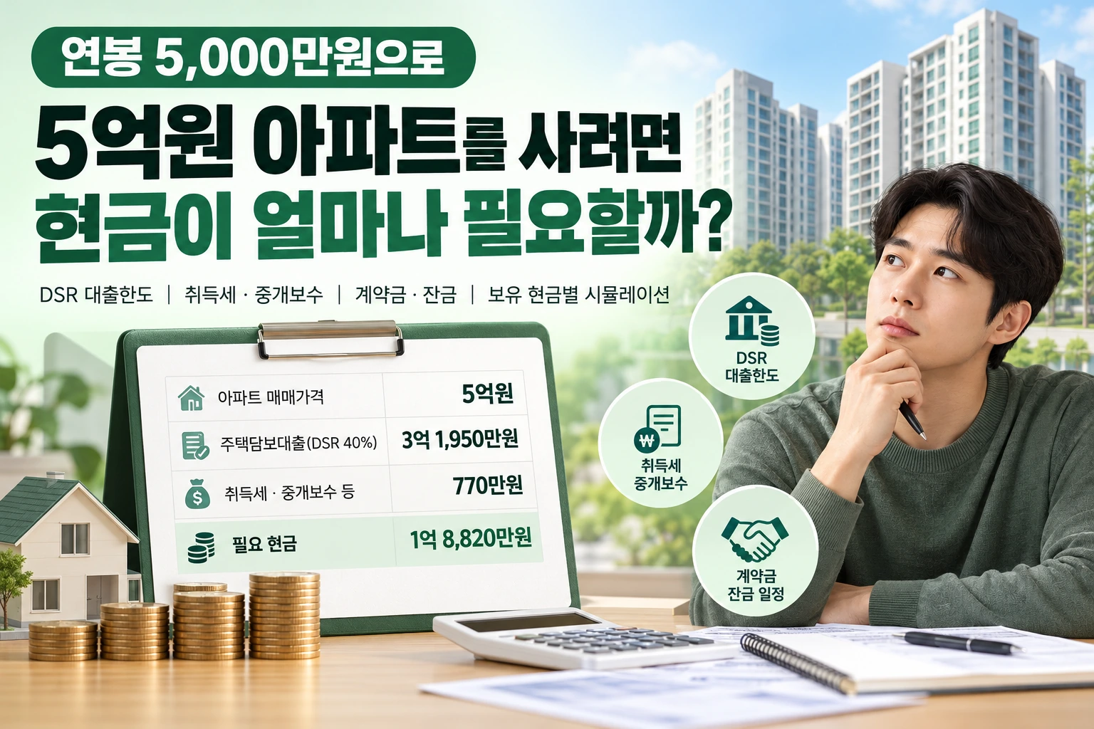 연봉 5,000만원으로 5억원 아파트 구입하려면 얼마가 필요한가?