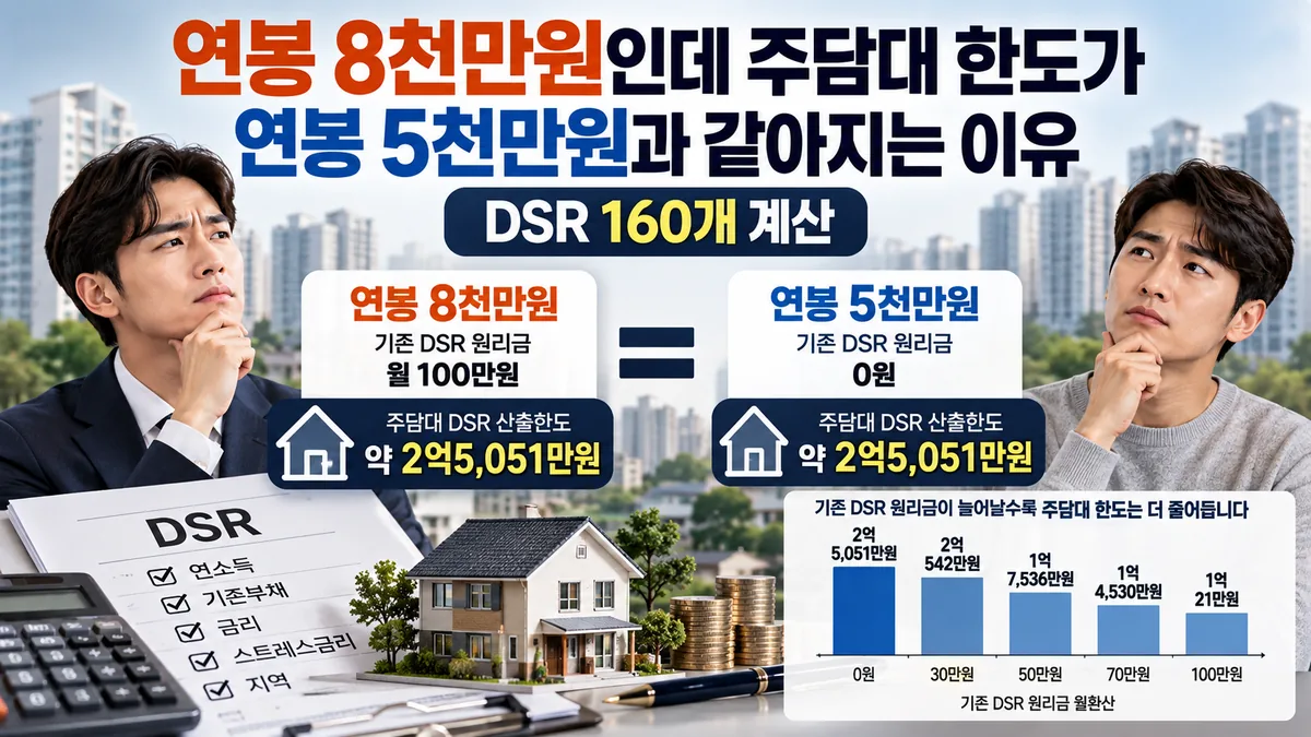 연소득과 기존부채에 따른 주담대한도 DSR 산출한도 비교
